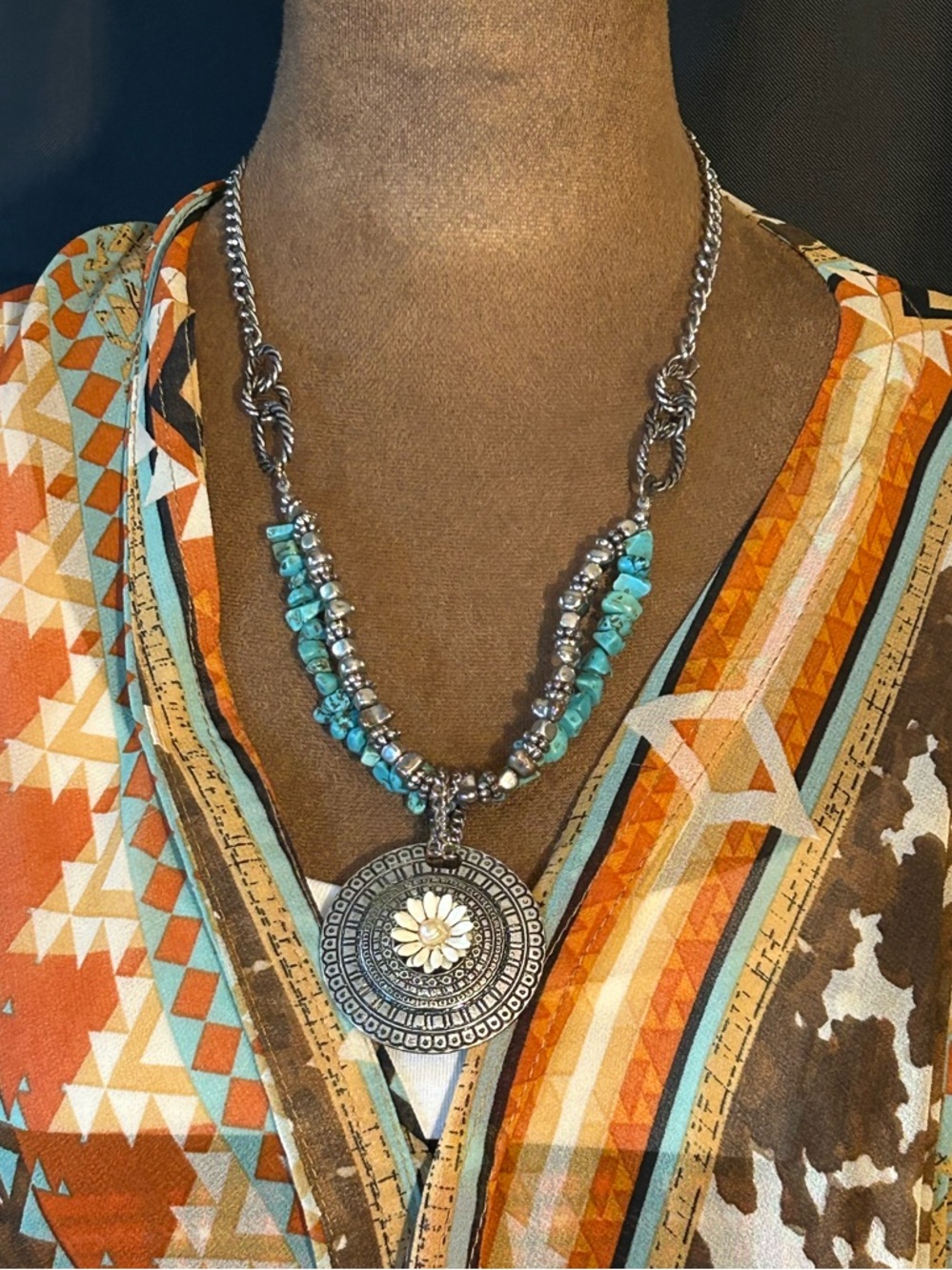 Upcycled Real Pearl And Metal Pendant On Silver Tone And Turquoise Colored